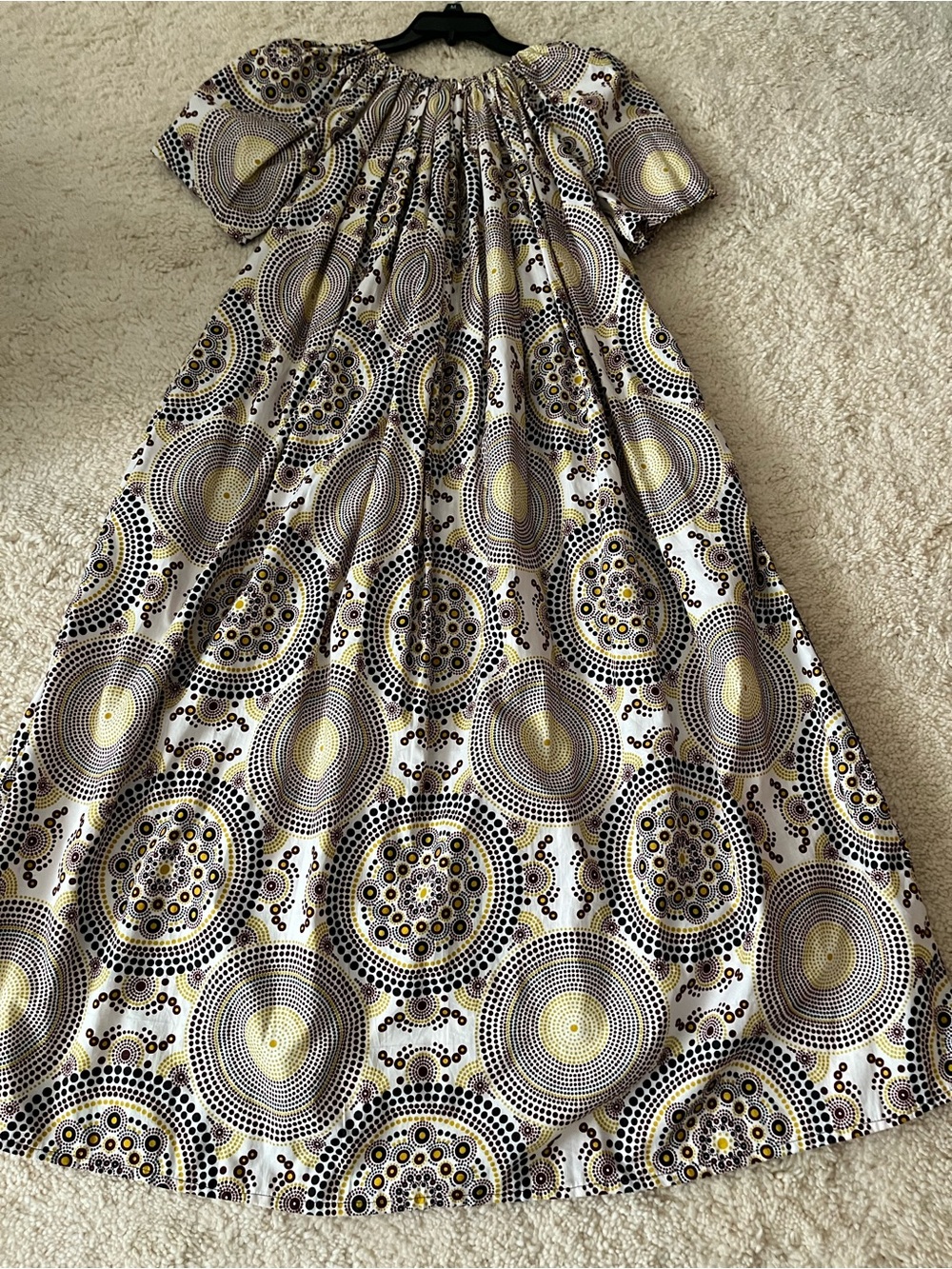 NEW Handmade Batik Short Puff Sleeve Maxi Dress 1 Sz Fits Most Ivory brown teal+